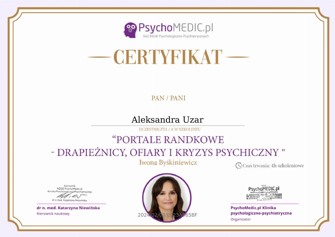 Certyfikat — Ofiary i kryzys psychiczny